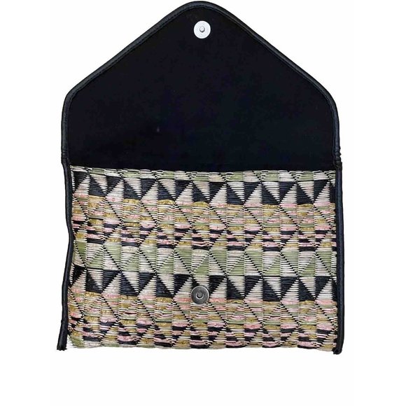 BCBGeneration Straw Purse Clutch Aztec Envelope Foldover Leather Trim Pink Blk - Picture 2 of 9